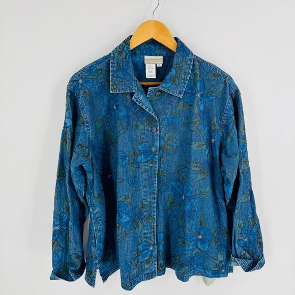 Coldwater Creek Denim Embroidered Floral Button Front Long Sleeve Top 1X - Picture 1 of 8